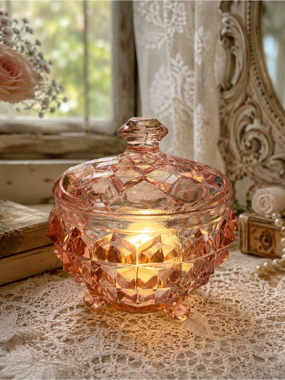 Vintage Pink Cubist Glass Powder Box Fairy Lamp Tri-Footed Trinket Jar